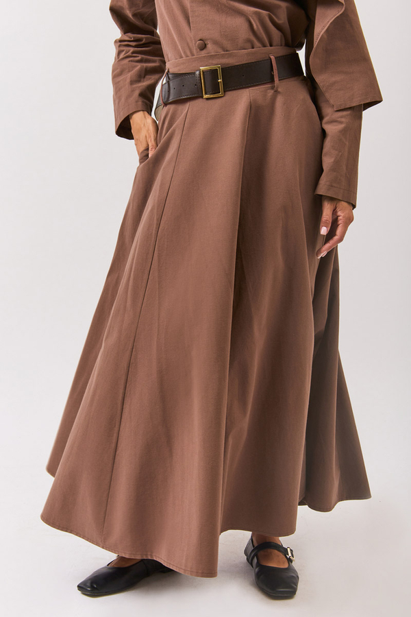 Wide Belted Skirt Brown - 7