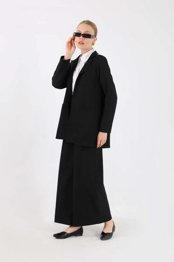 Wide Leg Pants Jacket Set Black - 1