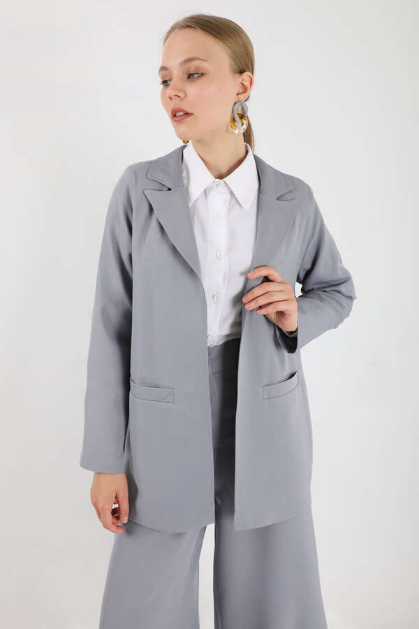 Wide Leg Pants Jacket Set Gray - 2