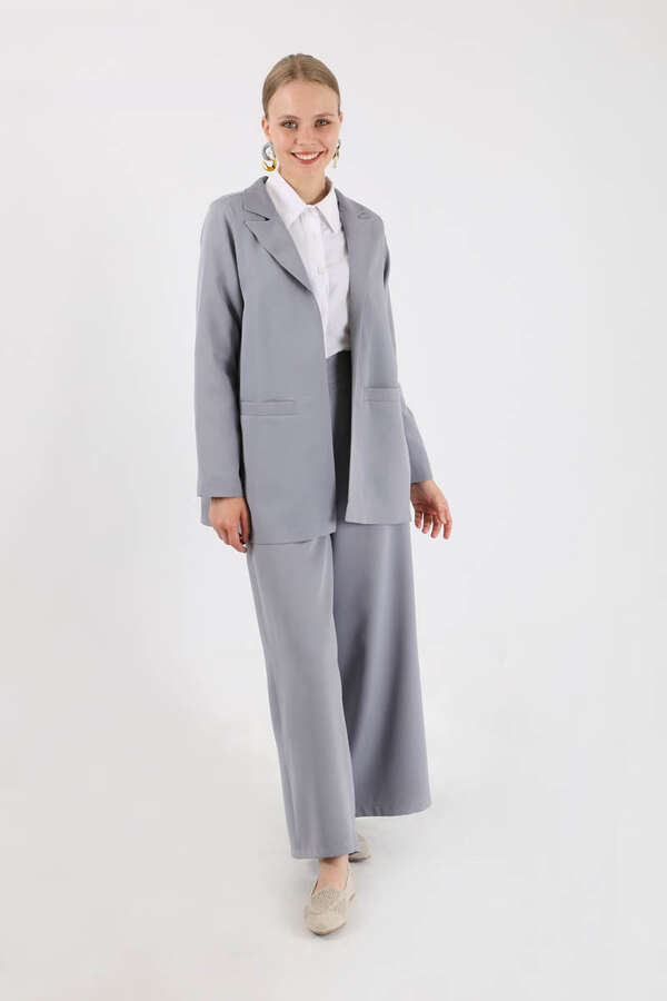 Wide Leg Pants Jacket Set Gray - 3