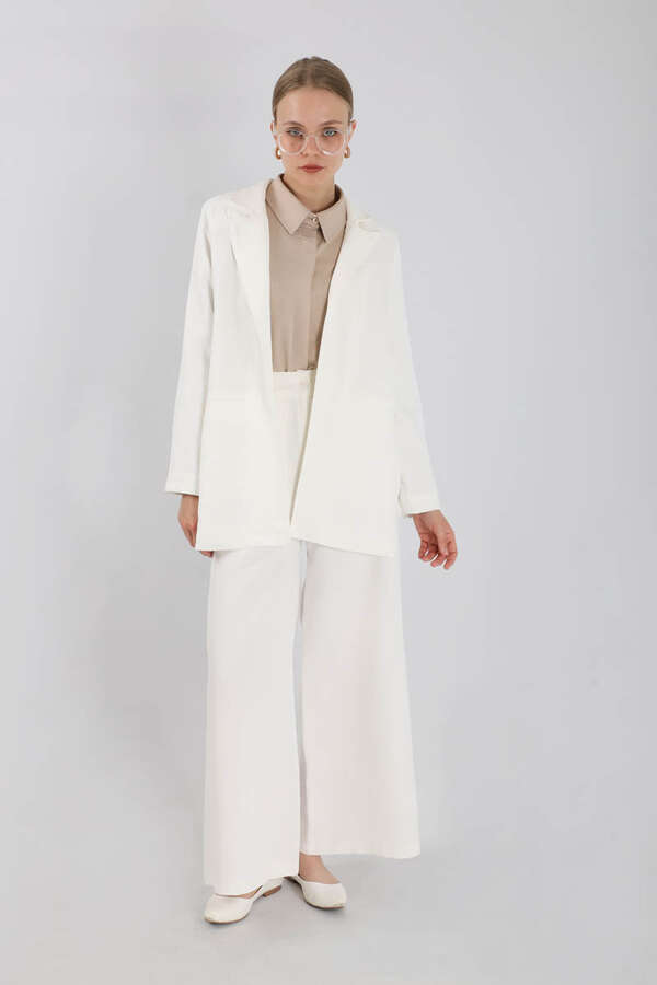 Wide Leg Pants Jacket Set White - 1