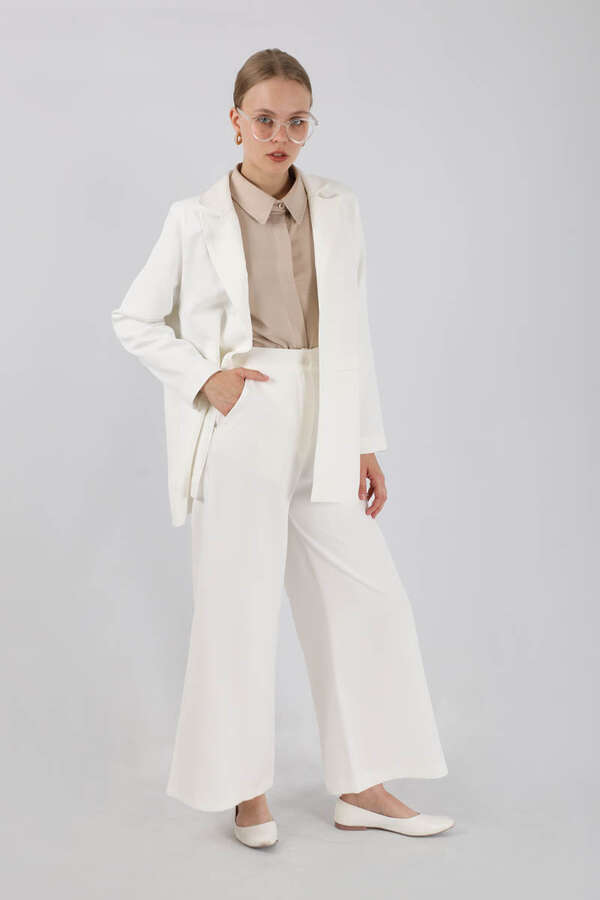 Wide Leg Pants Jacket Set White - 3
