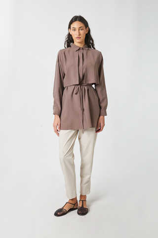 Windbreaker Detail Tencel Shirt Brown - 3