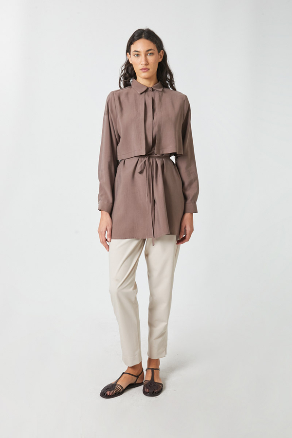 Windbreaker Detail Tencel Shirt Brown - 3