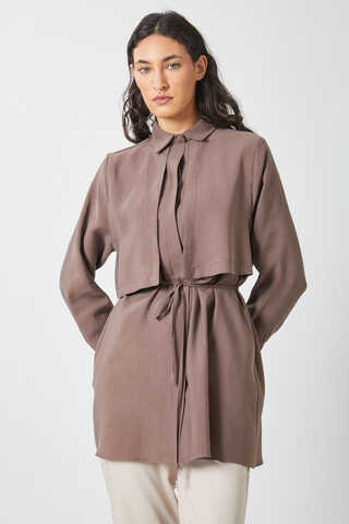 Windbreaker Detail Tencel Shirt Brown - 4