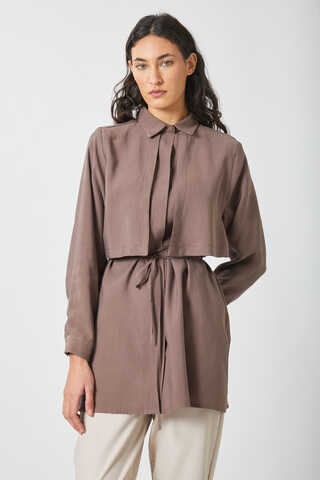 Windbreaker Detail Tencel Shirt Brown - 5