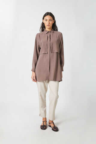 Windbreaker Detail Tencel Shirt Brown - 2