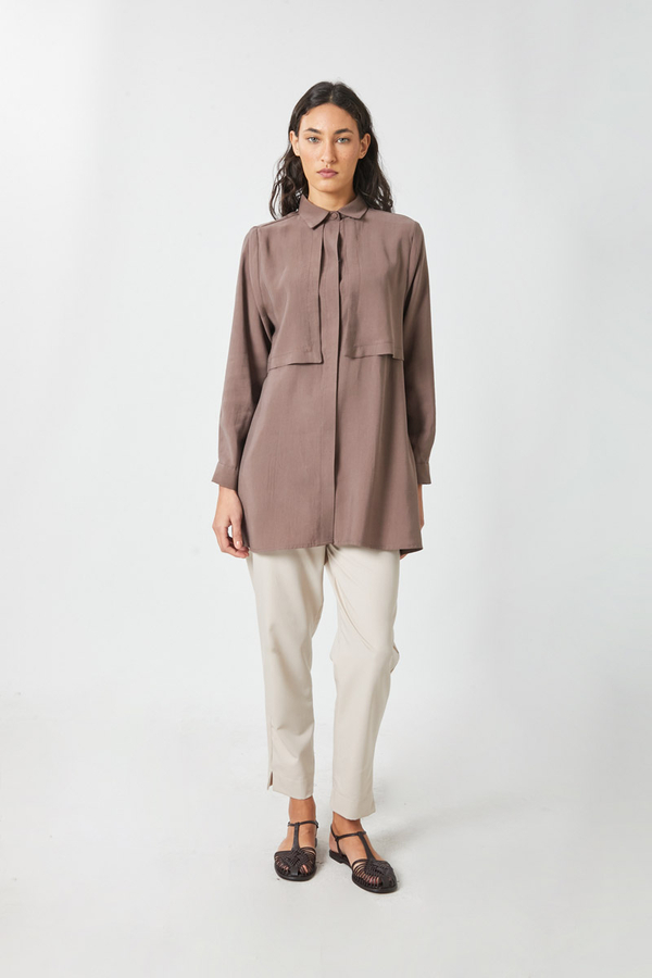 Windbreaker Detail Tencel Shirt Brown - 2