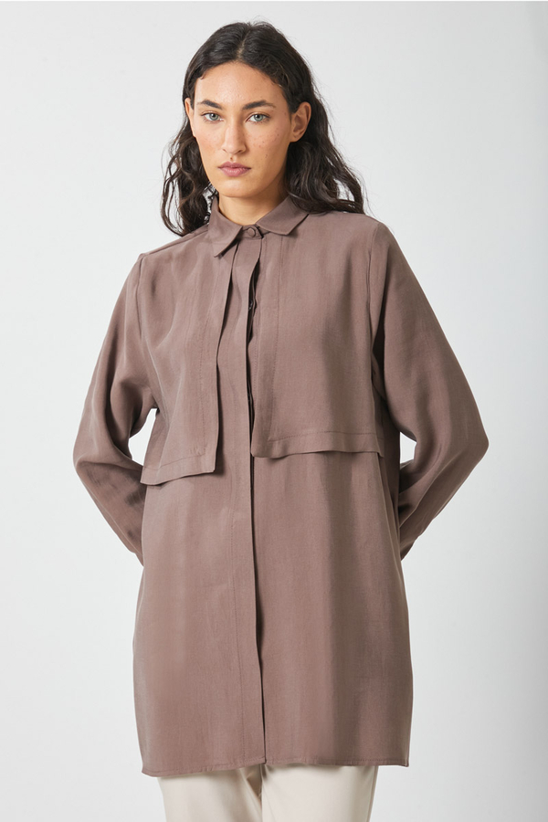 Windbreaker Detail Tencel Shirt Brown