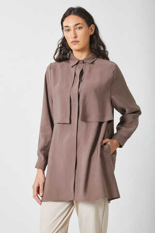 Windbreaker Detail Tencel Shirt Brown - 7