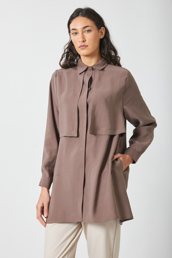 Windbreaker Detail Tencel Shirt Brown - 7