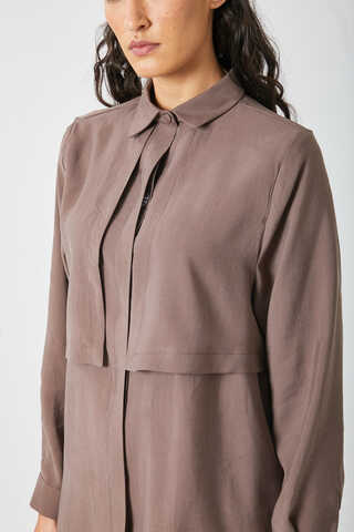 Windbreaker Detail Tencel Shirt Brown - 11