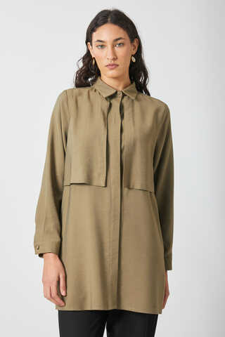 Windbreaker Detail Tencel Shirt Khaki - 4
