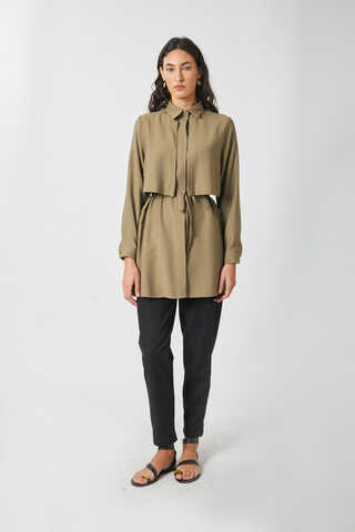 Windbreaker Detail Tencel Shirt Khaki - 2
