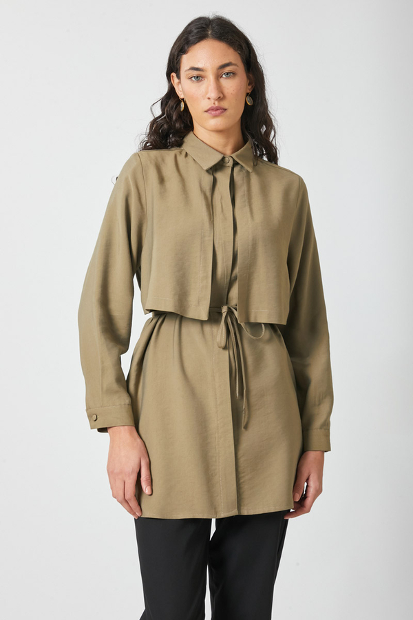 Windbreaker Detail Tencel Shirt Khaki - 10