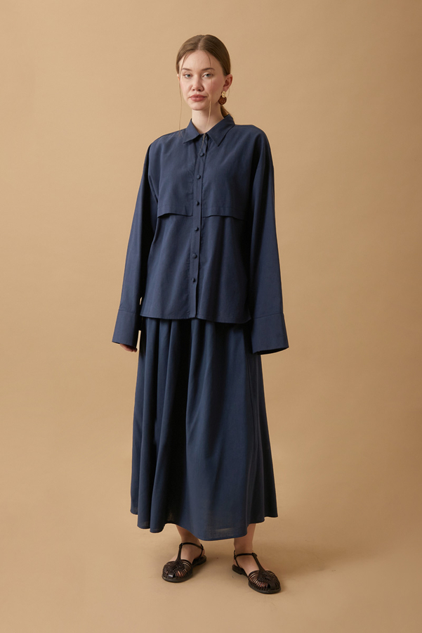 Windbreaker Linen Skirt Set Navy Blue - 4