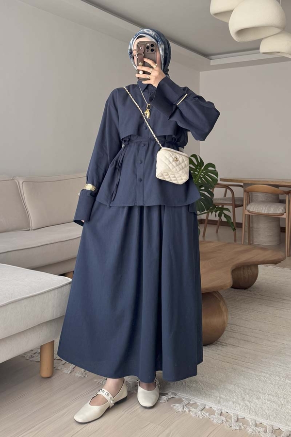 Windbreaker Linen Skirt Set Navy Blue - 1