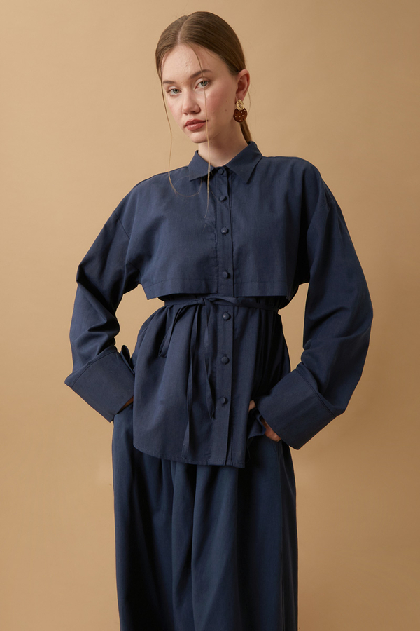 Windbreaker Linen Skirt Set Navy Blue - 3