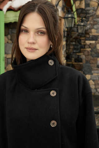 Wool Stand Collar Coat Black - 2