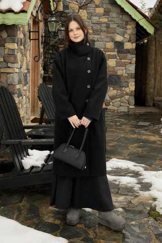 Wool Stand Collar Coat Black - 3