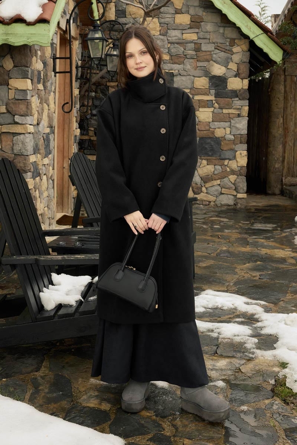 Wool Stand Collar Coat Black - 3