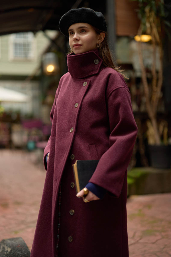 Wool Stand Collar Coat Burgundy - 8