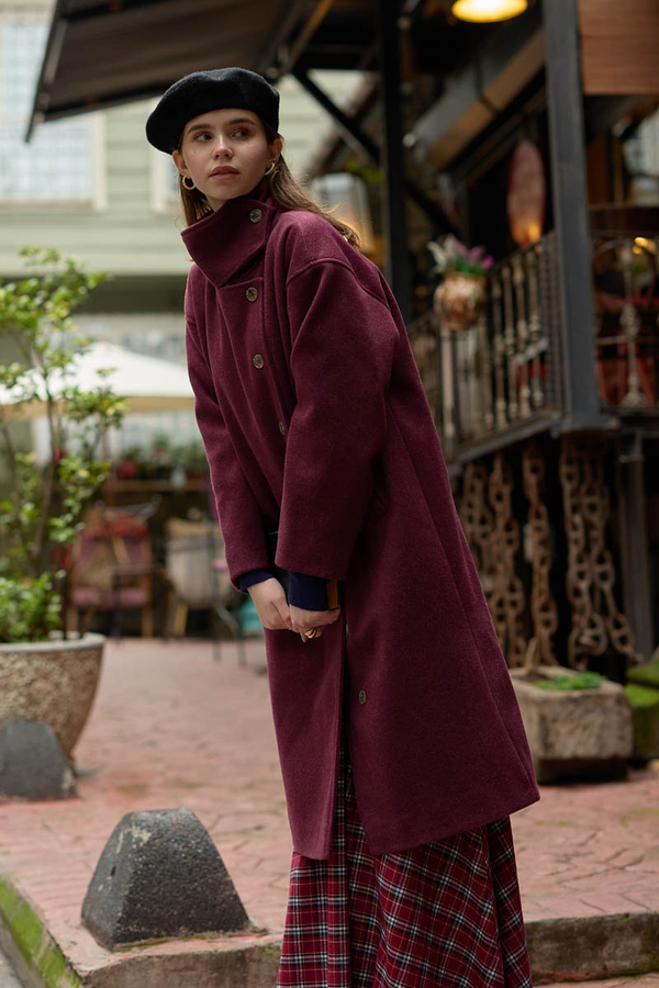 Wool Stand Collar Coat Burgundy - 3