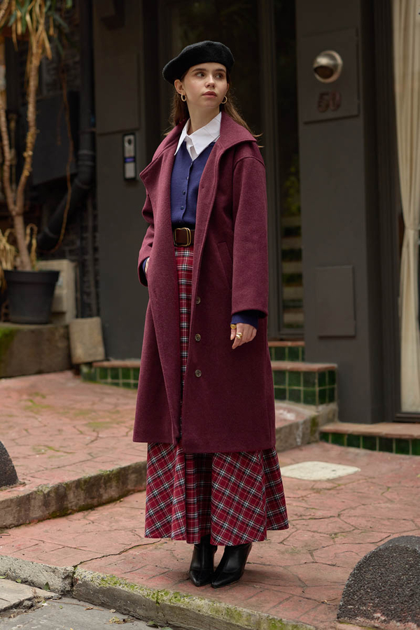 Wool Stand Collar Coat Burgundy - 6