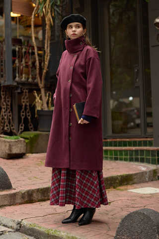 Wool Stand Collar Coat Burgundy - 7