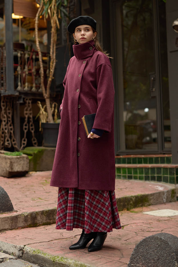 Wool Stand Collar Coat Burgundy - 7