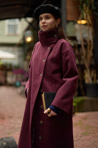 Wool Stand Collar Coat Burgundy - 8