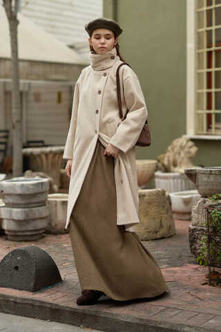 Wool Stand Collar Coat Stone - 3