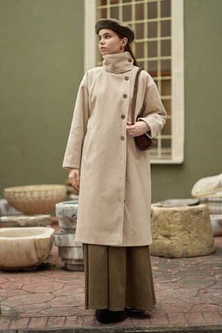 Wool Stand Collar Coat Stone - 5