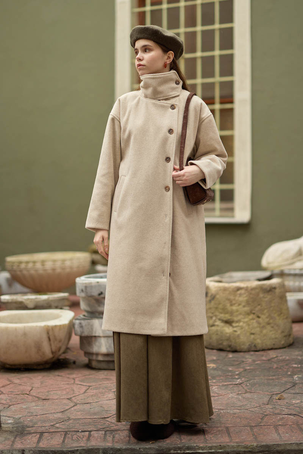 Wool Stand Collar Coat Stone - 5