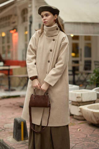 Wool Stand Collar Coat Stone - 4