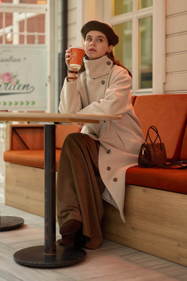 Wool Stand Collar Coat Stone - 8