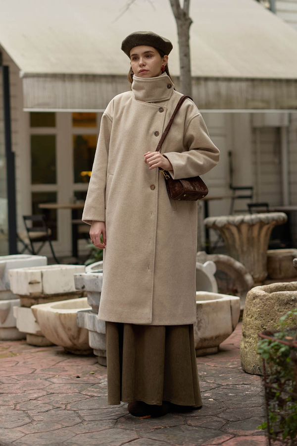 Wool Stand Collar Coat Stone - 10