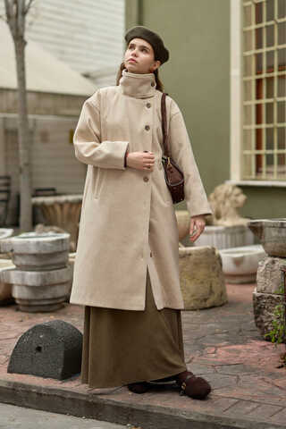 Wool Stand Collar Coat Stone - 1