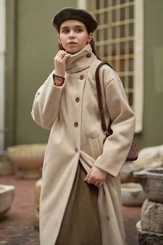Wool Stand Collar Coat Stone - 6