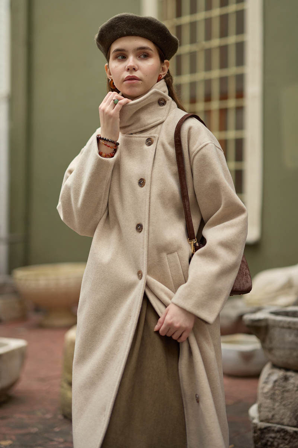 Wool Stand Collar Coat Stone - 6