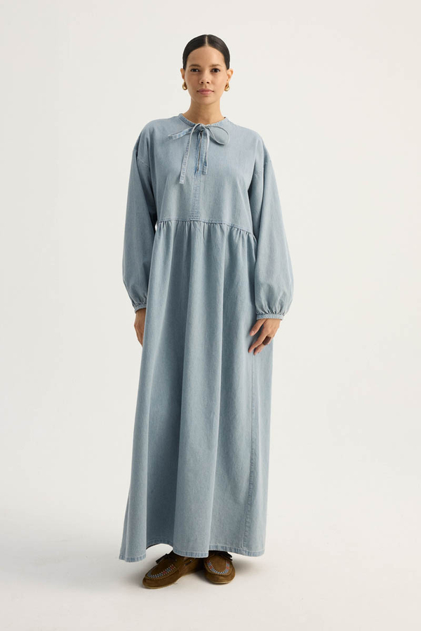 Yakadan Bağlamalı Denim Elbise Buz Mavisi - 2