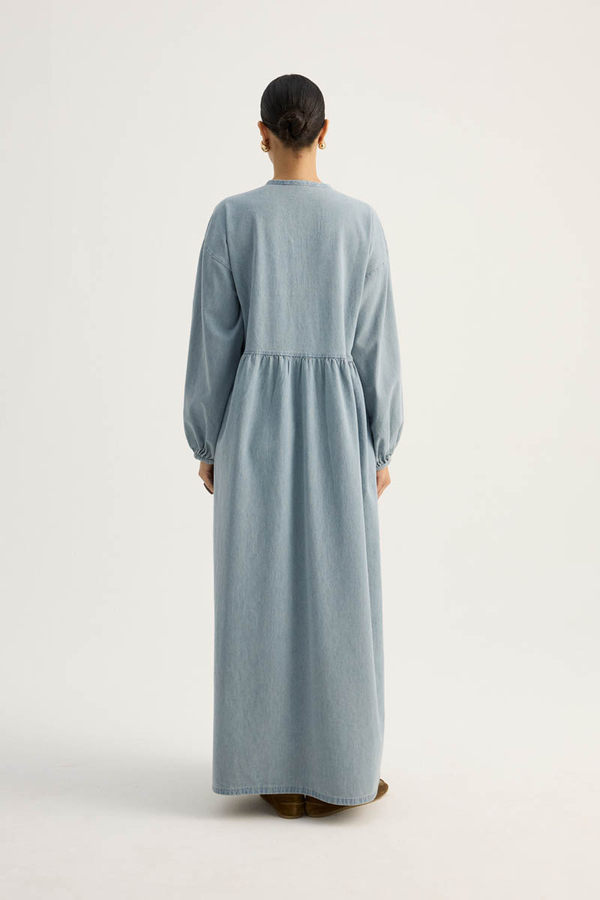 Yakadan Bağlamalı Denim Elbise Buz Mavisi - 11