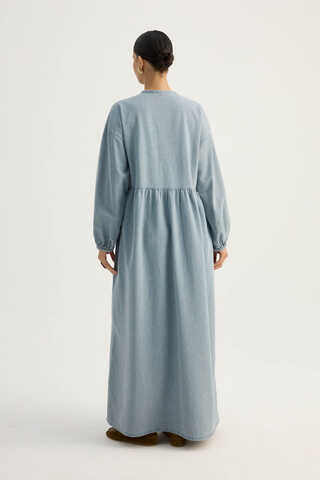 Yakadan Bağlamalı Denim Elbise Buz Mavisi - 12