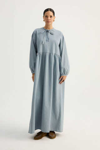 Yakadan Bağlamalı Denim Elbise Buz Mavisi - 2