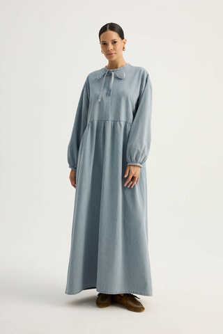 Yakadan Bağlamalı Denim Elbise Buz Mavisi - 4