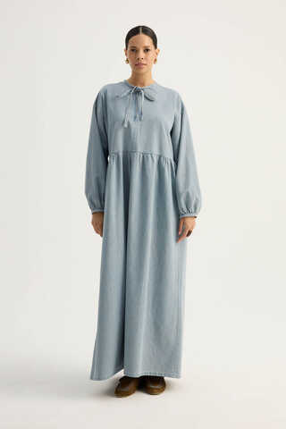 Yakadan Bağlamalı Denim Elbise Buz Mavisi - 6