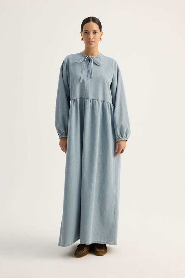 Yakadan Bağlamalı Denim Elbise Buz Mavisi - 6