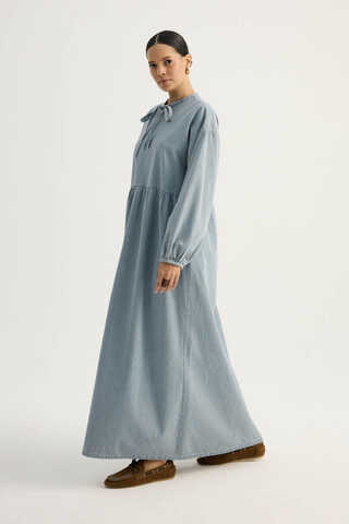 Yakadan Bağlamalı Denim Elbise Buz Mavisi - 9