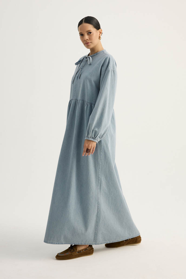Yakadan Bağlamalı Denim Elbise Buz Mavisi - 9