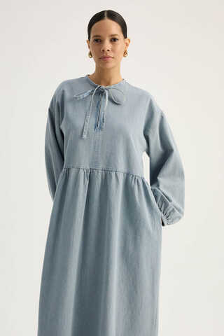 Yakadan Bağlamalı Denim Elbise Buz Mavisi - 3